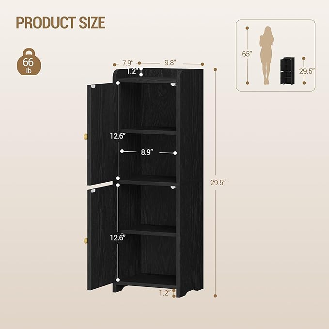 Bathroom Storage Cabinet, Small Corner Floor Cabinet with 2 Doors and Adjustable Shelf, Narrow Toilet Paper Cabinets, Bathroom Organizer for Small Spaces, 7.9" D x 9.8" W x 29.5" Rattan Black
