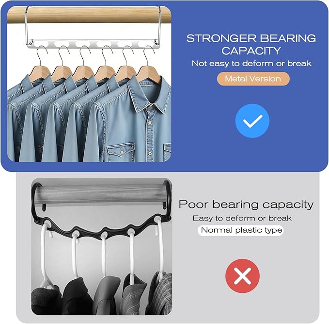 12 PCS Space Saving Hangers for Clothes, Multi Hanger 6 Slots Metal Closet Organizer Hangers Foldable Hanger Organizer Space Saver 360-Degree Rotation for Wardrobe and Dormitory Organization