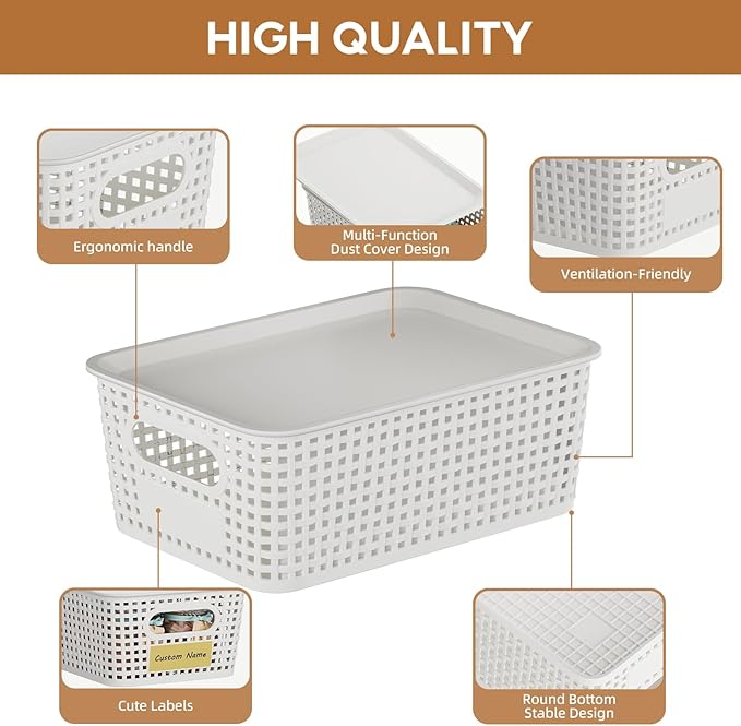 8 PCS Plastic Storage Baskets with Lids, Stackable Storage Bins with Lids & Labels for Organizing, Small Storage Bins for shelves, Office, Drawer, Cabinet & Pantry,Nursery Organization,10.2*7.2*4.1In