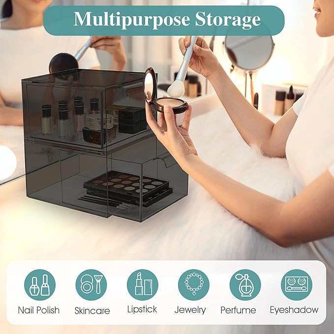 3 Pack Stackable Makeup Organizer and Storage, Acrylic Organizers，Clear Plastic Storage Drawer with Pull-Out Handles for Vanity, Undersink, Kitchen Cabinets, Pantry, Black