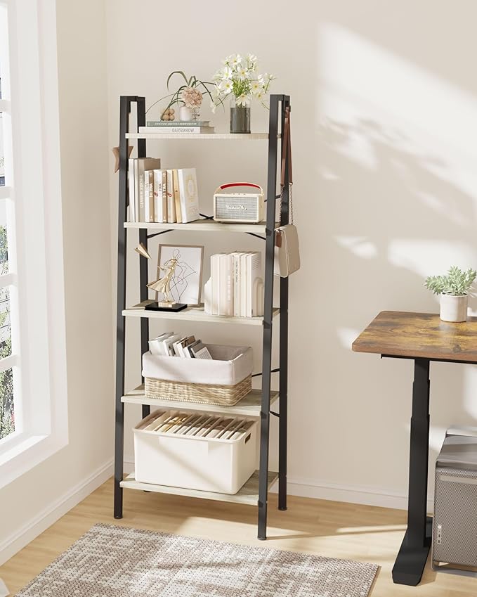 Ladder Shelf, Bookshelf Bookcase, Freestanding Corner Storage Shelve with 2 Hooks for Home Office, Living Room, Kitchen, Bedroom, Industrial, 11.8" D x 23.6" W x 63" H, Greige BC19305B