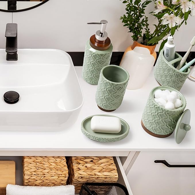 Bathroom Accessories Set 5 Pieces Toothbrush Holder Soap Dispenser Ceramic Bathroom Accessory Set Contain Cotton Swab Jar Toothbrush Cup Soap Dish Tumbler Green