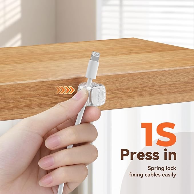 12Pack Rotatable Cord Organizer,Spring Cable Clips Desk Cable Management Cord Holder Adhesive Phone Charger Cord Clips for Home Office Car Wall Nightstand Accessories, Clear