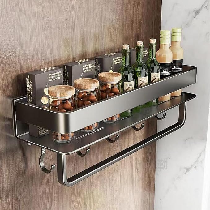 Wall mount Carbon steel Kitchen utensils seasoning spice storage rack, oil salt, sauce vinegar condiment storage rack, Bathroom toiletries organizer with mobile hooks (1 Pack (with bar and hooks))