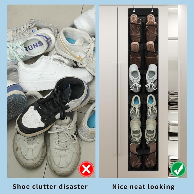 MSLOVE Narrow Over The Door Shoe Organizer, 12 Large Mesh Pockets Hanging Shoe Organizer for Closet Organizers and Storage, Black, 2 Pack