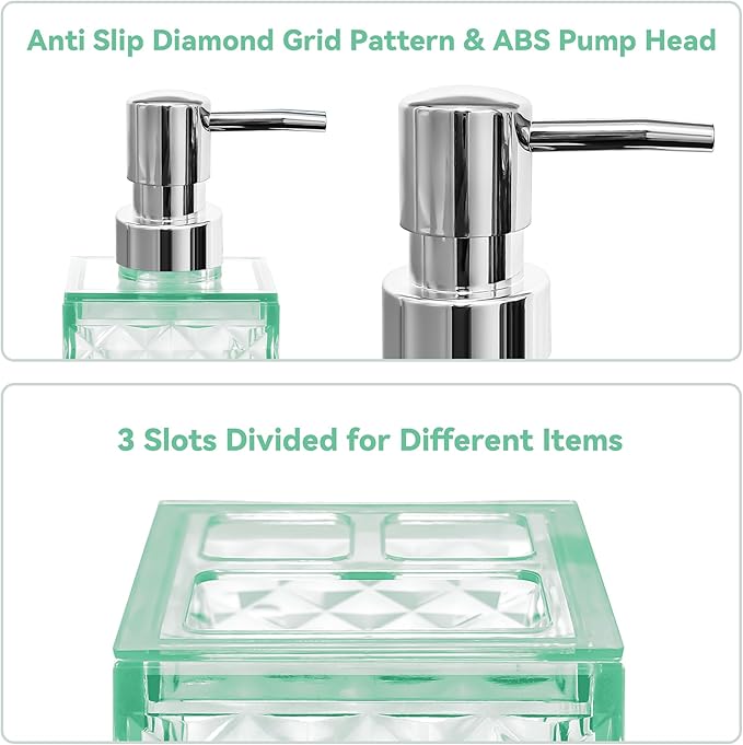2PCS Mint Green Bathroom Accessories. Contain Soap Dispenser and Toothbrush Holder Set. Boho Bathroom Set for Blue Bathroom Décor