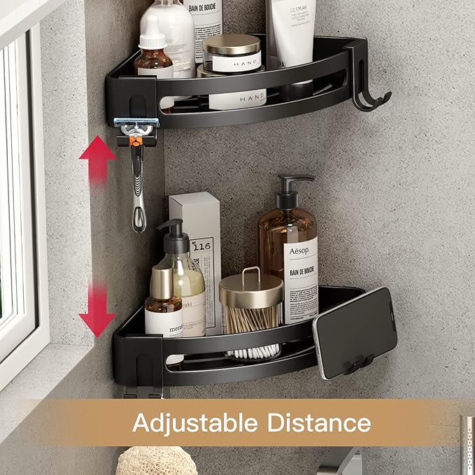 VOLPONE Corner Shower Caddy with Razor Holder Adhesive Shower Shelf Corner No Drilling (adhesive mounting, no suction cup) Bathroom Shower Organizer Storage Rack (2-Pack, Black)