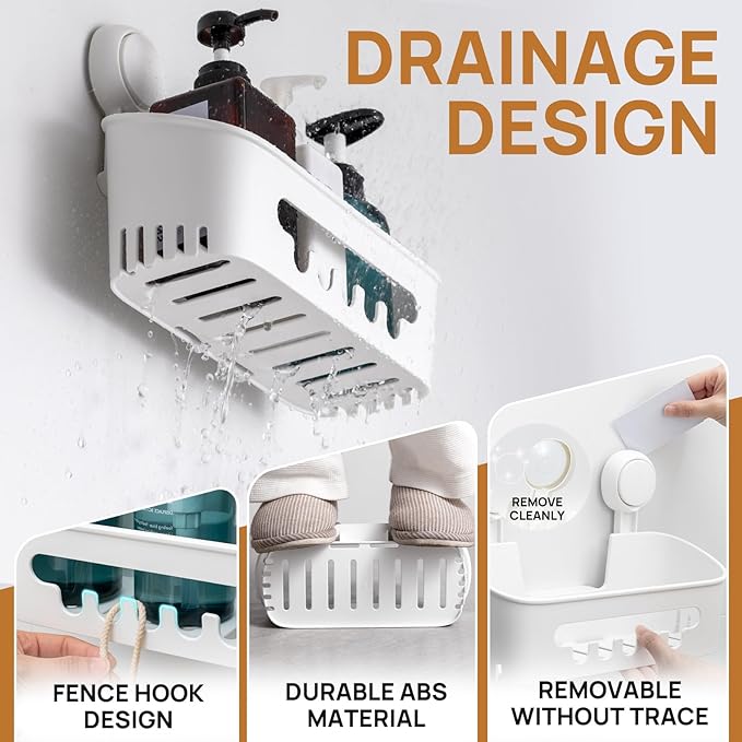 LEVERLOC Shower Caddy Suction Cup, Shower Organizer Removable Bathroom Shelf, Storage Suction Powerful Max Hold 22lbs Bathroom Caddy Waterproof Holder, White
