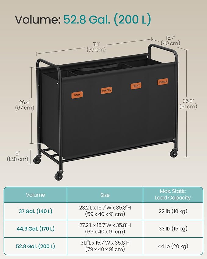 SONGMICS 4-Section Laundry Sorter, Laundry Hamper with Wheels, Rolling Clothes Hamper Cart with Large Capacity and Removable Bags, for Laundry Room, Bedroom, Bathroom, Ink Black URLS460B01