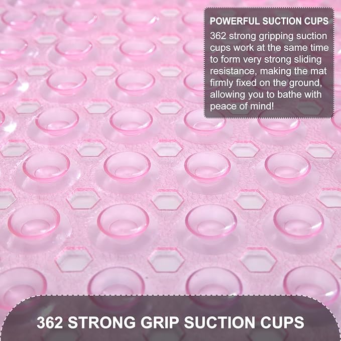 Bath Tub and Shower Mats, Non Slip 40 x 16 Inch Extra Large Bathtub Mat, Machine Washable Bathmat with Drain Holes, Suction Cups for Bathroom Floor, Clear Pink