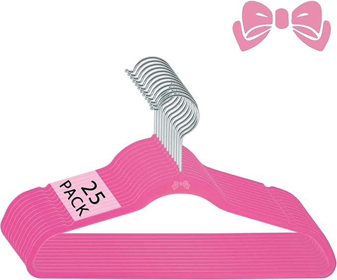 Simplify 25 Pack Kids Velvet Hangers | Slim | Non-Slip Design | Space Saving | Childrens Clothes | Shirts | Pants | Dresses | Baby Nursery | Closet Storage & Organization | Pink