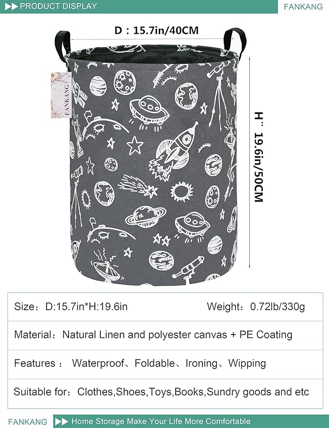 FANKANG Storage Basket, Nursery Hamper Canvas Laundry Basket Foldable with Waterproof PE Coating Large Storage Baskets for Kids Boys and Girls, Office, Bedroom, Clothes,Toys（Space Planet）