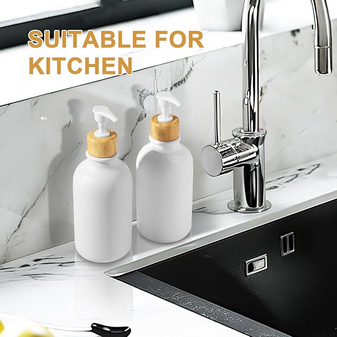 White Soap Dispenser, 2 Pack Plastic Bathroom Hand Soap and Lotion Dispenser Set with Bamboo Pump, 17 Fl Oz Hand and Dish Soap Dispensers Set for Kitchen, Refillable Liquid Soap Bottles