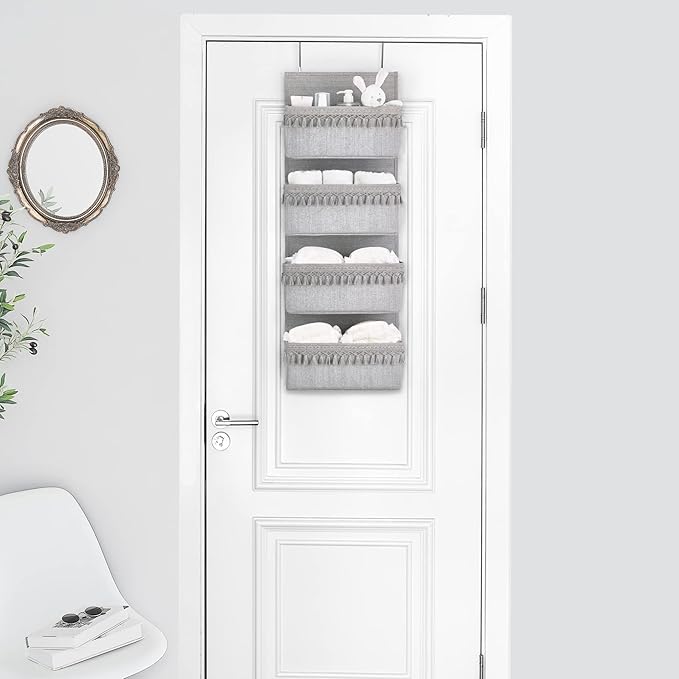 Dahey Over The Door Organizer Boho Nursery Storage Decor Closet Hanging Organizer with Tassels Decoration for Bedroom Nursery Bathroom Apartments Dorm Pantry, 4 Pockets, Grey