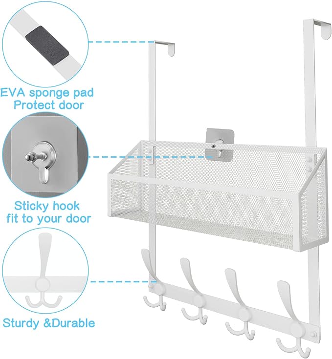 Kaiferty Over The Door Hooks Organizer, Coat Rack Over The Door Storage Hanger Towel Rack, Back of Door Storage Organizer for Bathroom,Bedroom,Kitchen,Office (White, 2-Tier)