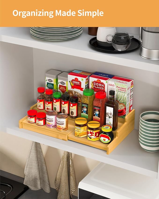 Spice Rack, 3-Tier Expandable Bamboo Spice Rack Organizer for Cabinet - Kitchen, Pantry and Cupboard Storage Organizer