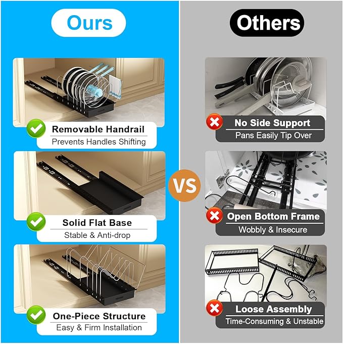 Golener 2 Packs Fixed Pots and Pans Organizer Under Cabinet, No Drill Slide-Out Pan Organizer with Adjustable Dividers & Handle Bracket, Pot Lid Holder, Pan Storage Inside Cabinet for Kitchen
