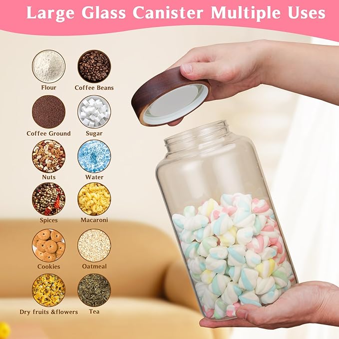 Patoper Large Glass Coffee Jars with Spoon,Round Storage Canister with Wooden Lid Clear Glass Food Jar for Pantry Sugar Tea Coffee Bean Spice Nuts Cookies Bath Salts (2300ml/77oz)
