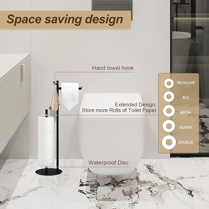 BVL Toilet Paper Holder Stand, Matte Black with Extra Heavy Base, Holds 5 Rolls, Waterproof Pad, Minimalist Design, 304 Stainless Steel, Rustproof & Space-Saving with Hook