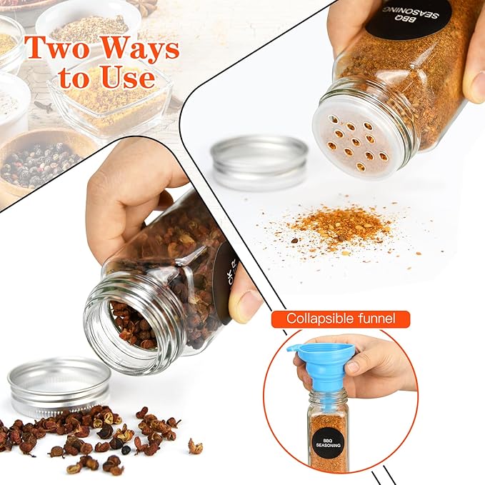 DkOvn 6pcs Glass Spice Jars, 4oz Empty Spice Jars with Metal Caps, Labels, Shaker Lids, Collapsible Funnel, Chalk Pen, Seasoning Organizer for Spice Rack