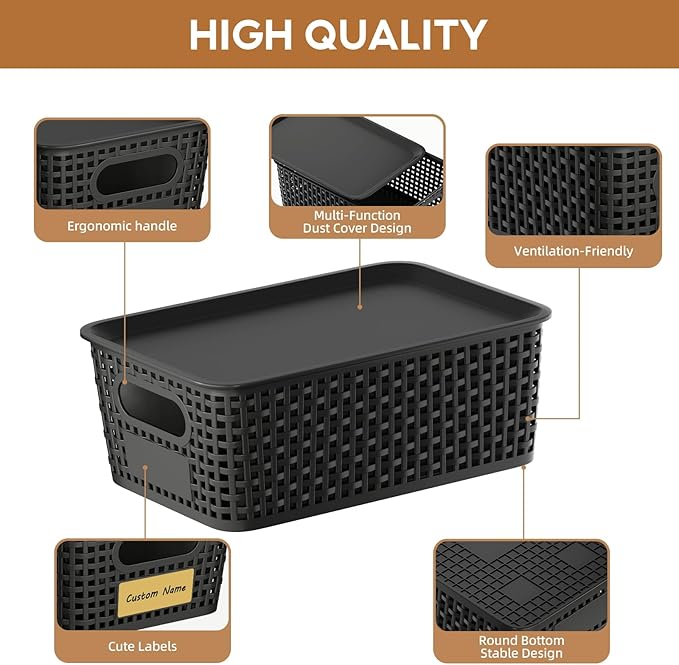8 PCS Plastic Storage Baskets with Lids, Stackable Storage Bins with Lids & Labels for Organizing, Small Storage Bins for shelves, Office, Drawer, Cabinet & Pantry,Nursery Organization,10.2*7.2*4.1In