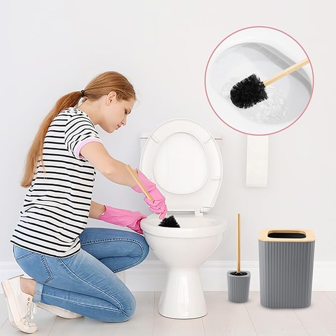 Grey Bathroom Accessories Set, 9 Piece Gray Bathroom Set, Bathroom Accessory Sets Compelete with Trash Can, Toothbrush Holder, Cup, Lotion Dispenser, Tray, Soap Dish, Toilet Brush, Qtip Holders