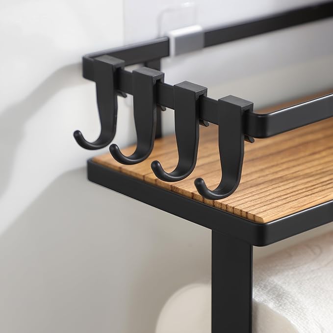 Paper Towel Holder - Kitchen Towel Holder with Shelf Wooden Spice Rack Organizer with 4 Hooks(Self-Adhesive & Wall Mounted)