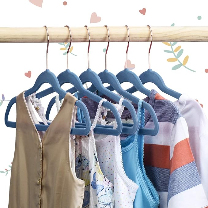 HOUSE DAY Velvet Kids Hangers 60 Pack, Premium Childrens Hangers for Closet, Ultra Thin Cute Clothes Hanger, Non Slip Small Felt Hanger 14 Inch for Kids Clothes, Light Blue