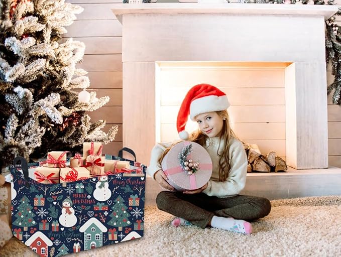 Rectangular Christmas Baskets,Snowman Basket Empty,Waterproof PE Coating Cute Bins for Kids with Handles,Gifts Baskets,Books Bin. (Blue Snowman)
