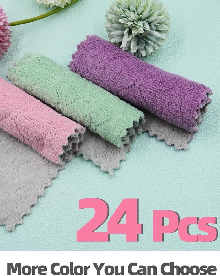 24PCS Kitchen Dishcloth, Microfiber Washcloth, Soft Cleaning Cloths, Coral Fleece/Lint Free/Absorbent/Quick Dry/Nonstick Oil Rags, Reusable Washable Tea Towel, 6''x10'' (Pink)