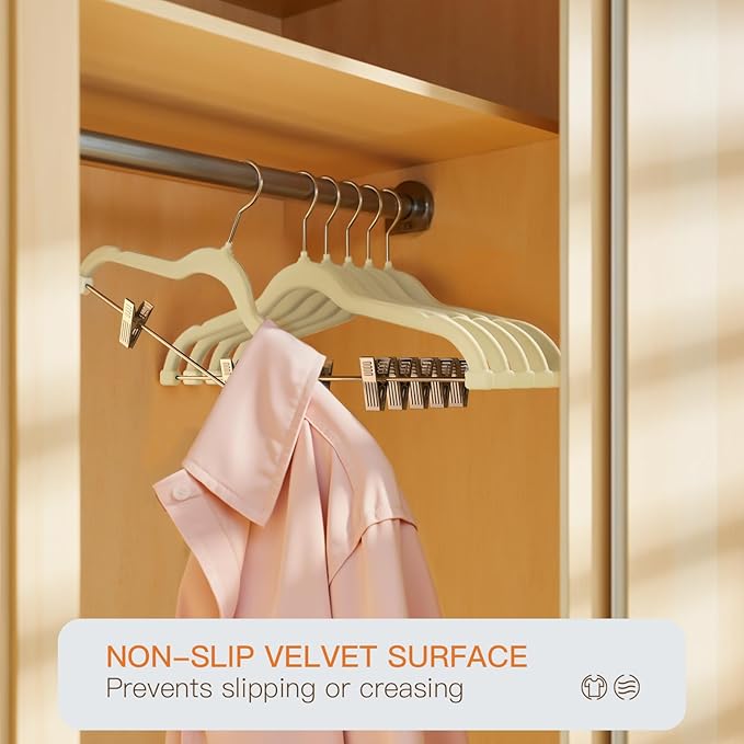 Flottian 36 Pack Beige Velvet Pants Hanger,Velvet Hangers with Clips Adjustable,Space-Saving Slim Flocked Hanger,Heavy Duty Non Slip Hangers for Skirts,Coats,Pants,Dress