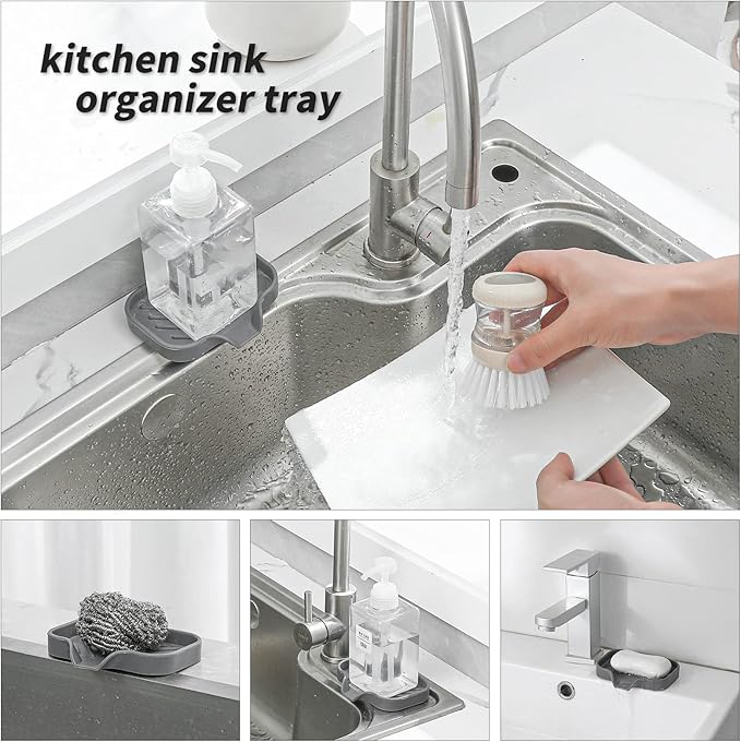 MicoYang Silicone Bathroom Soap Dishes with Drain Spout-Bathroom and Kitchen Sink Organizer,Sponge Holder,Dish Soap Tray,Perfect for Dispenser,Scrubber,Bottle,Cup on Sink or Counter-Grey 4.9"×3.2"