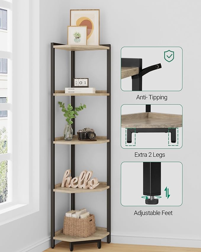 Corner Shelf Stand, Corner Bookshelf, Storage Standing Shelf Unit with Metal Frame, Plant Stand, Bookcase for Living Room, Home Office, Bedroom, 5-Tier Greige CS05905B