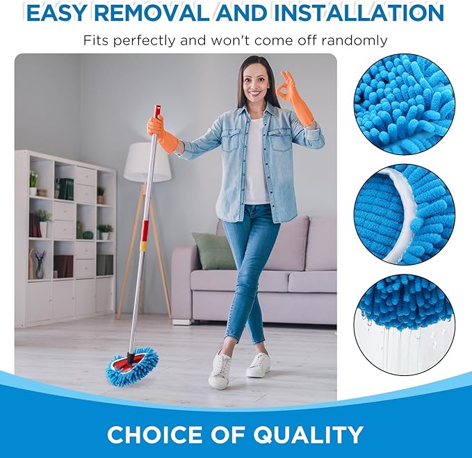 Baderke 3 Pack Chenille Mop Heads Replacements Compatible with 1 Tank System Chenille Duster Replacement Heads Microfiber Spin Mop Refill Pads Reusable Dust Refills for Floor Cleaning (Blue)