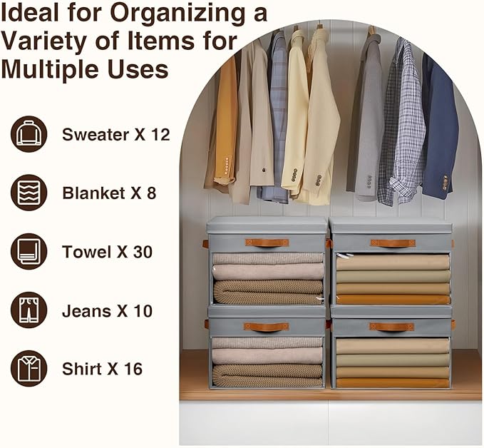 Large Storage Bins with Lids - 6 Pack Foldable Decorative Organizers with Clear Windows & Handles, Cube Storage Organizers for Clothes, Blankets, Sweaters, Sheets, Grey