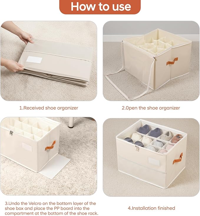 Shoe Organizer for Closet, Foldable Shoe Box Storage Containers with Clear Cover, Smooth Zipper, Reinforced Handles and Bottom Support, Space Saving Shoes Holder, Beige (2, Small)