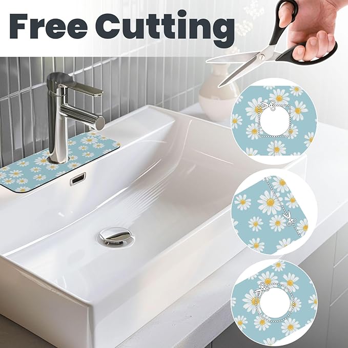 Beautiful Daisy Flower Floral Kitchen Sink Splash Guard Faucet Mat Super Absorbent Fast Drying Mat Sink Gadgets-Fast Drying Pad Sink Mat For Kitchen Bathroom (15" X 5.5" )