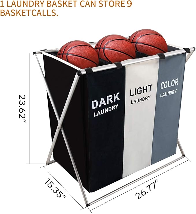Nicesail 3 Section Laundry Basket Printed Dark Light Color, Foldable Hamper/Sorter with Waterproof Oxford Bags and Aluminum Frame, Washing Clothes Storage for Home, Dormitary Multicolored
