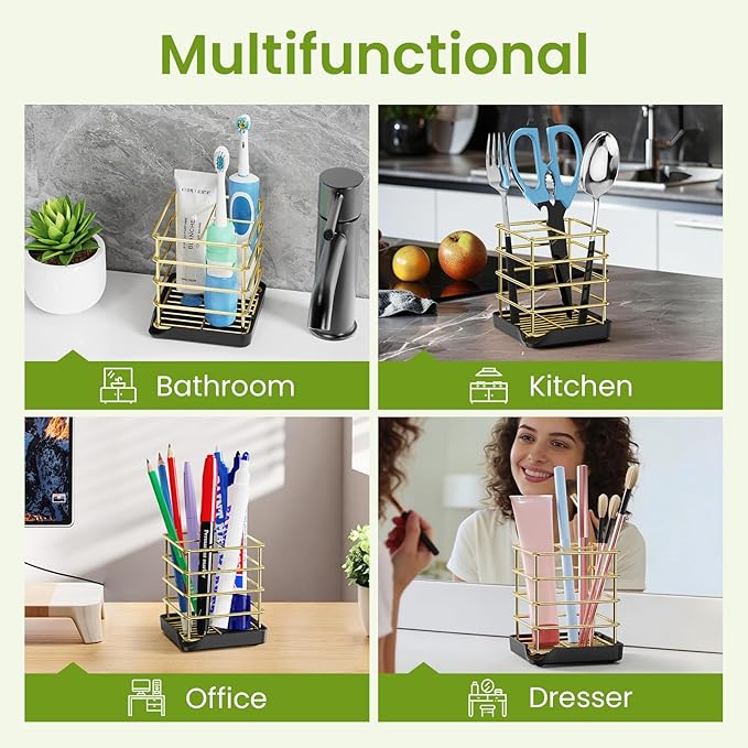 Toothbrush Holders for Bathrooms, Stainless Steel Toothbrush Holder Kids Electric 3 Slots Tooth Brushing Holder Stand and Toothpaste Holder for Bathroom Accessories Organizer with Tray, Gold