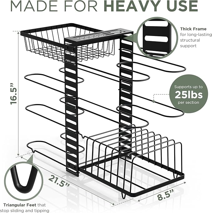 7-Tier Pots and Pans Organizer Under Cabinet - Cooking Pot Lid Organizer for Cabinet with Basket for Utensils, Lid Rack - Adjustable Vertical Holder Cookware Storage, Steel Pot Rack for Kitchen