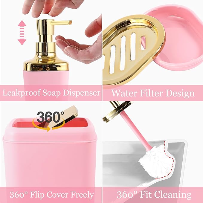 Bathroom Set - Pink Bathroom Sets with Shower Curtain and Rugs, 24PCS Shower Curtain Set with Hooks, Soap Dispenser, Soap Dish, Toilet Brush Holder and Trash Can for Housewarming