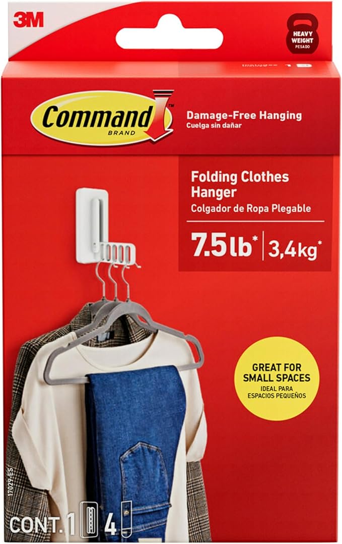 Command Folding Clothes Hanger, Holds up to 5 Hangers 7.5 lb, 1.5lbs per Rung, 1 Hook with 5 Rungs, 4 Strips, Closet Organizer, Home Organization