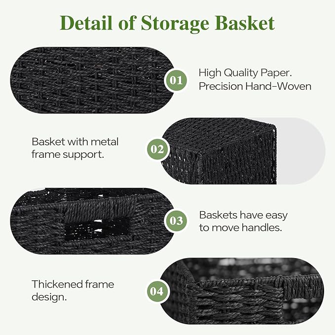 Woven Wicker Storage Baskets 4-Pack, 11x11 Handwoven Paper Rope Organizer Bins, Foldable Cube Storage Cubes with Built-in Handles for Shelves and Closet Organization(Classic Black)