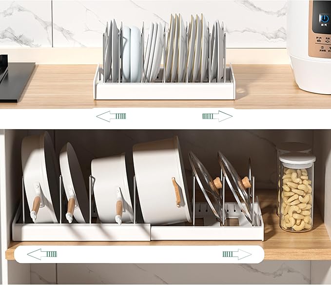 Expandable Pot and Pan Organizer Rack with 7 Stainless Steel Adjustable Shelves, for Neatly Storing Cookware, Pots, Pans, Lid