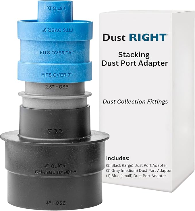 Dust Right Stacking Dust Port Adapter Set (3-Piece) – Interchangeable Vacuum Adapter for Dust Collection Hose & Tools – Glass Reinforced Polypropylene Dust Collectors for Woodworking