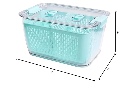 Kitchen Spaces Colander Bin, Produce Saver, Fridge Organizer With Lid, Wash, Strain and Store, Great for Refrigerator, Freezer and Pantry, Large, Mint Green, Pack of 1