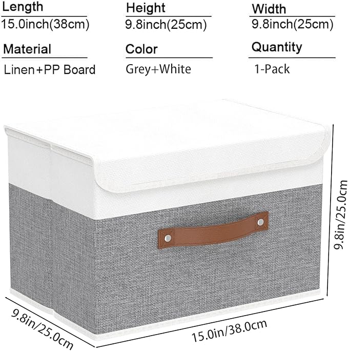 Yawinhe Storage Boxes with Lids, Linen Fabric Bin, Cube Organizer Basket, Washable and Leather Handle, for Home, Closet, White/Grey, 15.0''Lx9.8''Wx9.8''H, 1-Pack, USNK024WGL-1
