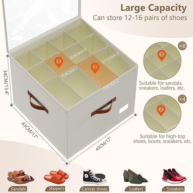 Shoe Organizer for Closet,2 Pack Shoe Storage Bins Foldable Shoe Storage Box Containers with Clear Cover and Sturdy Handles,Shoe Rack for Closet Storage for Sneakers Heels Slippers (Beige)