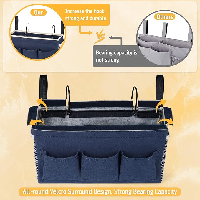 Lilithye Bedside Caddy Bedside Organizer Bedside Storage Caddy with Fixed Straps and Water Bottle Holder for Home College Dorm Bunk Bed Hospital Bed Crib Bed Rails (Navy Blue)