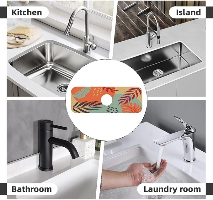 Boho Bohemian Abstract Floral Leaves Kitchen Sink Splash Guard Faucet Mat Super Absorbent Fast Drying Mat Sink Gadgets-Fast Drying Pad Sink Mat For Kitchen Bathroom (15" X 5.5" )